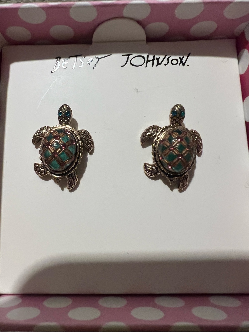 Betsey Johnson Gold-Tone Turtle Stud Earrings with Teal & Pink Enamel